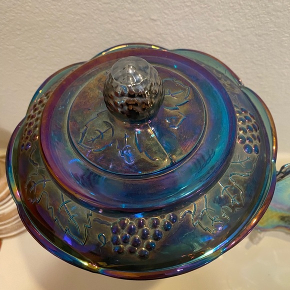 Vintage Indiana Glass 'Blue Harvest' Grape Cluster Pedestal Candy Dish & Plate - Picture 4 of 11